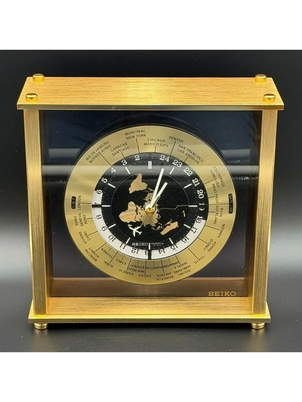 Vintage Seiko World Time Desk Clock Quartz Brass Glass Japan QZ885A Working 8.5